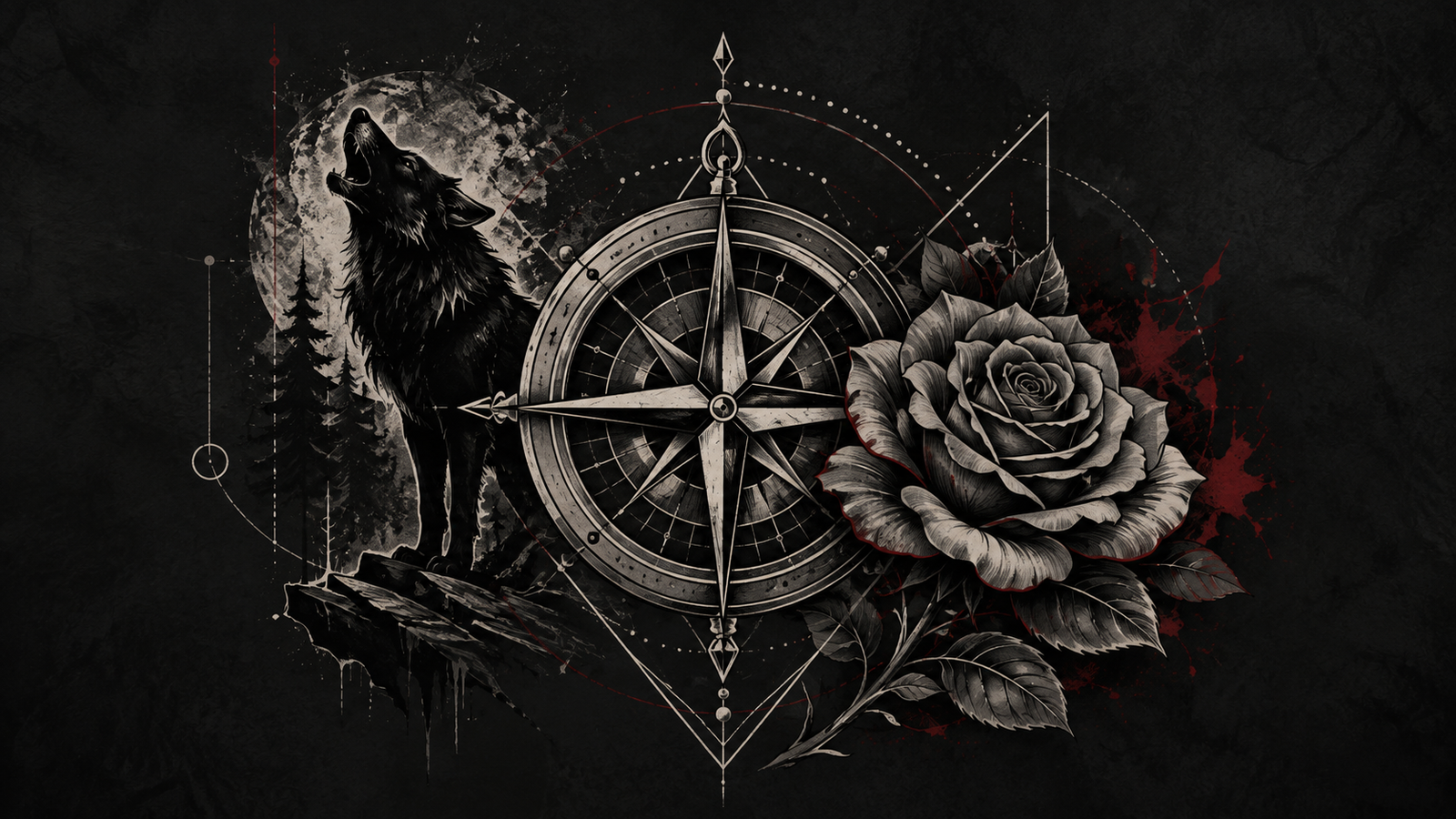 Original tattoo flash illustration with compass, wolf, rose and geometric forms