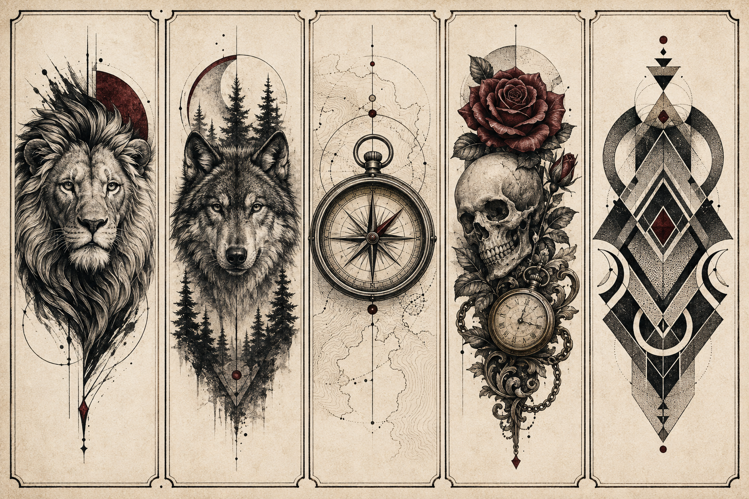 Original tattoo flash examples: lion, wolf, compass, skull and rose, geometric blackwork