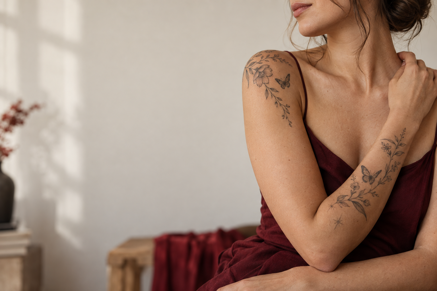 Fine line botanical tattoo inspiration on a woman's shoulder