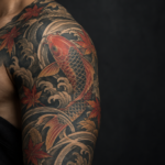 Japanese-inspired irezumi tattoo design with koi, waves and flowers