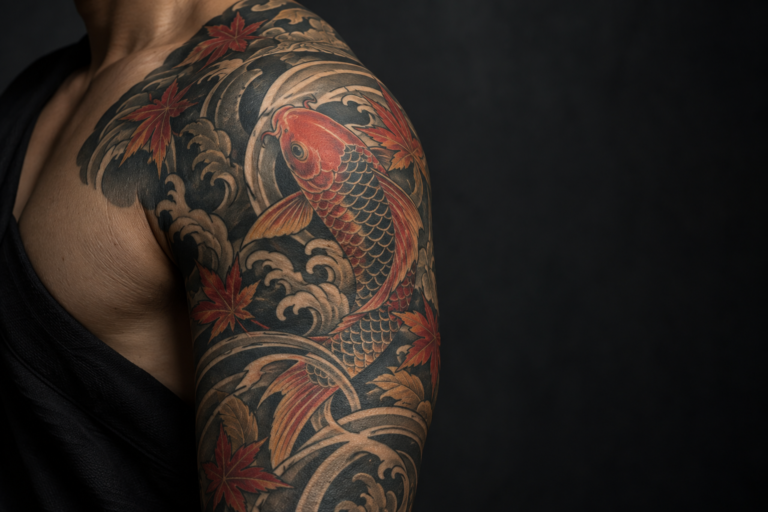 Japanese-inspired irezumi tattoo design with koi, waves and flowers