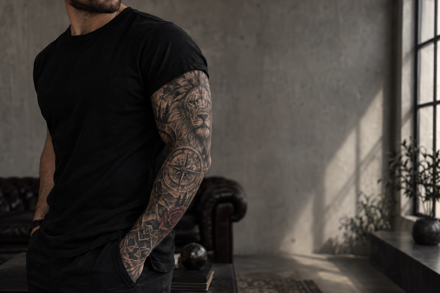 Black and grey lion compass tattoo sleeve inspiration