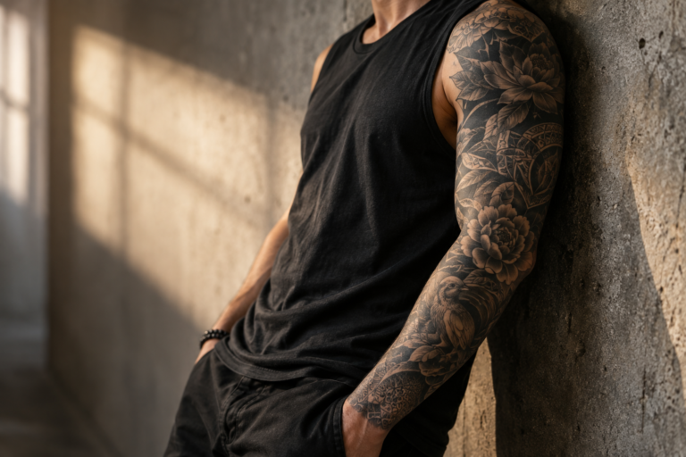 Full sleeve tattoo composition in black and grey with bold illustrative details